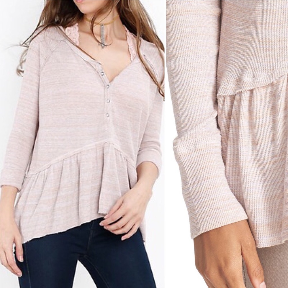 We The Free Coastline Pink Henley Long Sleeve Peplum Thermal Top